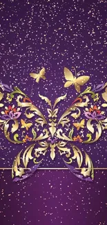 Elegant purple and gold butterfly wallpaper design for mobile phone.