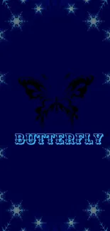 Elegant dark blue butterfly wallpaper with starry pattern.