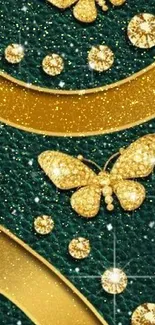 Elegant wallpaper with gold butterflies on dark green background.