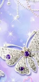 Lavender wallpaper with diamond butterfly and pearls.