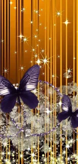 Elegant wallpaper with butterflies and golden stripes.