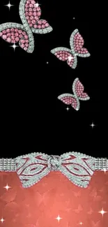 Elegant wallpaper with sparkling butterflies and bow on black and pink background.