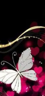 Elegant butterfly with pink hearts and golden swirls wallpaper design.