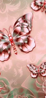 Pink and green butterfly wallpaper with floral theme.