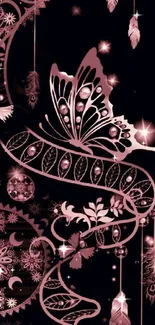 Pink butterfly and feather wallpaper design.