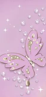 Elegant pink butterfly with sparkling gems on a soft pink background.