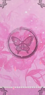 Elegant pink wallpaper with a butterfly design.