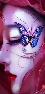 Profile of a woman with butterfly art in vibrant red tones.