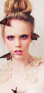 Artistic portrait with butterflies on woman.