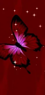 Elegant butterfly on vibrant red background with sparkling stars.