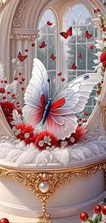 Elegant butterfly on floral background wallpaper.