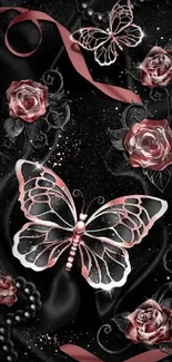 Elegant black wallpaper featuring roses and butterflies.