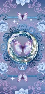 Elegant wallpaper with butterflies and roses in purple and blue tones.