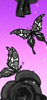 Elegant black butterflies and rose on pink gradient wallpaper.