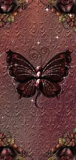 Elegant maroon wallpaper with butterfly and rose design.