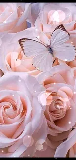 Butterfly resting on pastel roses, creating an elegant wallpaper.