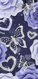 Purple roses and butterflies with sparkles wallpaper.