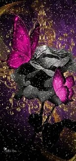 Black rose with pink butterflies on purple background with golden accents.