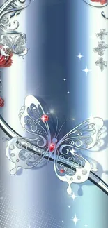 Elegant silver butterflies with red roses on a blue background.