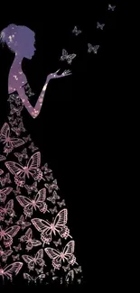 Silhouette of woman with butterfly dress on black background.