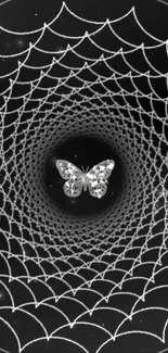 Elegant butterfly centered in spiral design wallpaper in black and white.