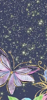 Elegant butterfly and stars mobile wallpaper with floral accents.