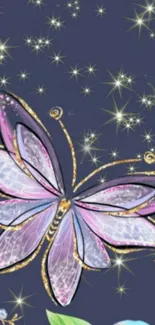 Elegant butterfly with purple wings amid a starry night background.