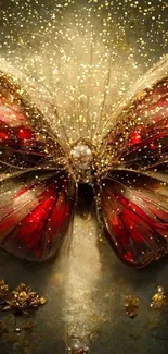 Elegant butterfly with gold and red accents on a dark background.