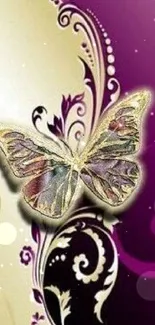 Elegant purple and gold butterfly wallpaper with floral design.