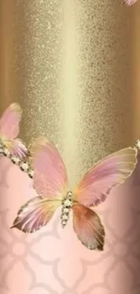 Elegant pink butterflies on a gold background wallpaper.