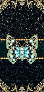 Elegant gold and teal butterfly design with intricate patterns.