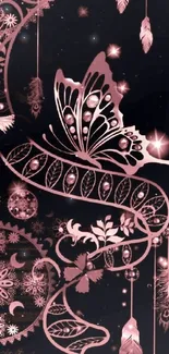 Elegant butterfly wallpaper with intricate pink design on black background.