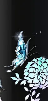 Elegant wallpaper with blue butterfly and floral motifs on a black background.