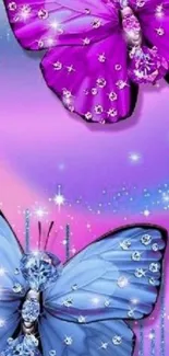 Purple and blue butterflies with sparkling accents on a colorful background.