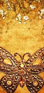 Intricate gold butterfly on vintage wallpaper with floral accents.