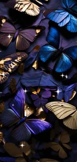 Elegant mobile wallpaper with blue and gold butterflies.