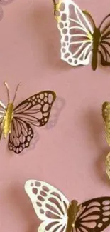 Elegant metallic butterflies on a pink background wallpaper.