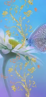 Blue butterfly on daisy with golden designs.