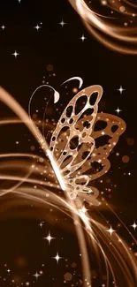 Elegant glowing butterfly on dark background with abstract swirls.