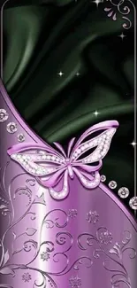 Elegant butterfly with rhinestones on a purple and black background.