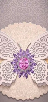 Intricate butterfly design with purple gemstone on elegant patterned background.