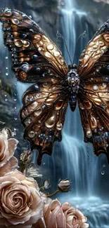 Jeweled butterfly with roses and waterfall.