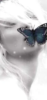 Monochrome image with a blue butterfly on a woman's face, exuding elegance and mystery.