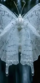 White butterfly with dewdrops on wings in a forest setting.