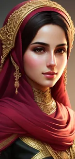 Byzantine queen in maroon with gold crown, artistic wallpaper.