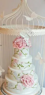 Elegant cake with roses and butterflies in a birdcage.