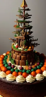 Intricate cake tower with fruits and decorative elements.