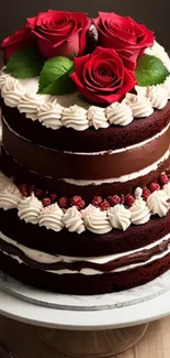 Two-tier chocolate cake with red roses on top.