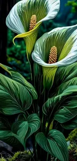 Elegant calla lily with lush green leaves wallpaper