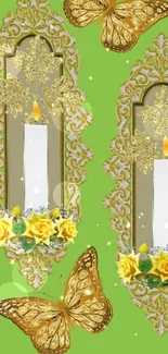 Green wallpaper with golden butterflies, candles, and mirrors.